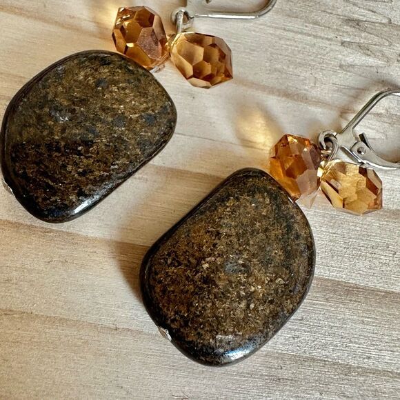 Earthy Polished Stone Earrings with Amber-Toned Crystals - Picture 2 of 8